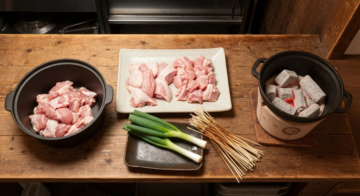 鶏肉の食材と焼鳥の調理道具を木の台に並べた様子