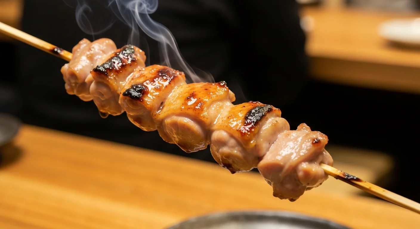 炭火の網の上で焼き色が付いた鶏肉の串焼き