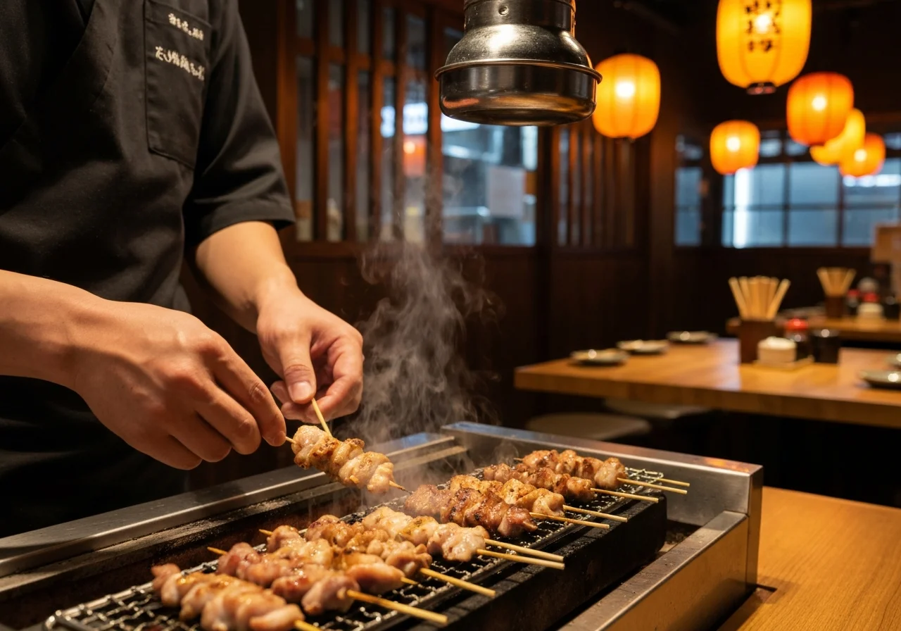 炭火の前で串を返す調理人の手元