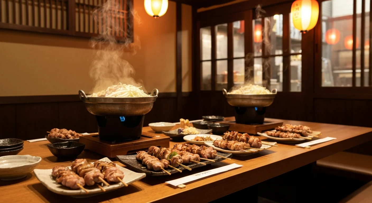 炭火で焼いた焼鳥と料理を囲む個室宴会のテーブル