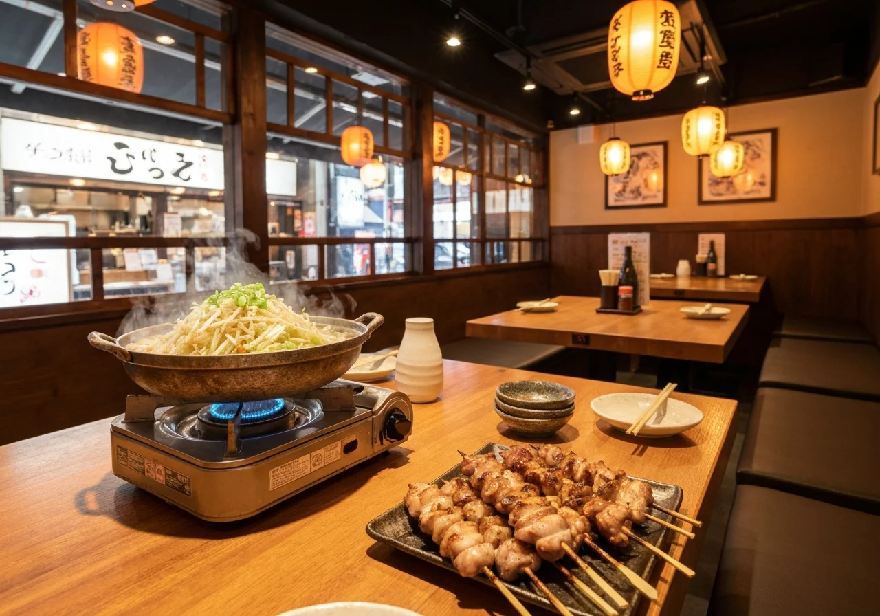 木のテーブルと暖色の照明が並ぶ座席の店内